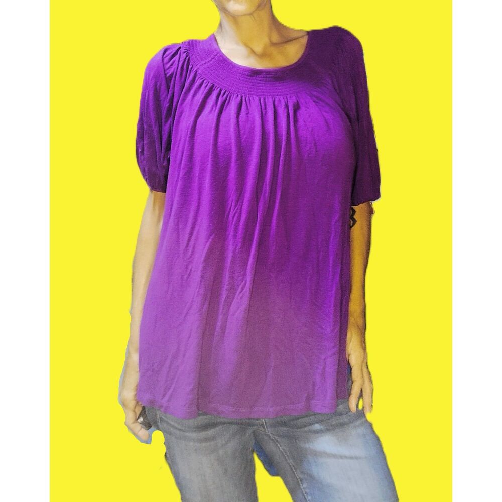 John Paul Richard ~ Purple Puffy Boho Smocked Neck Top ~ XL